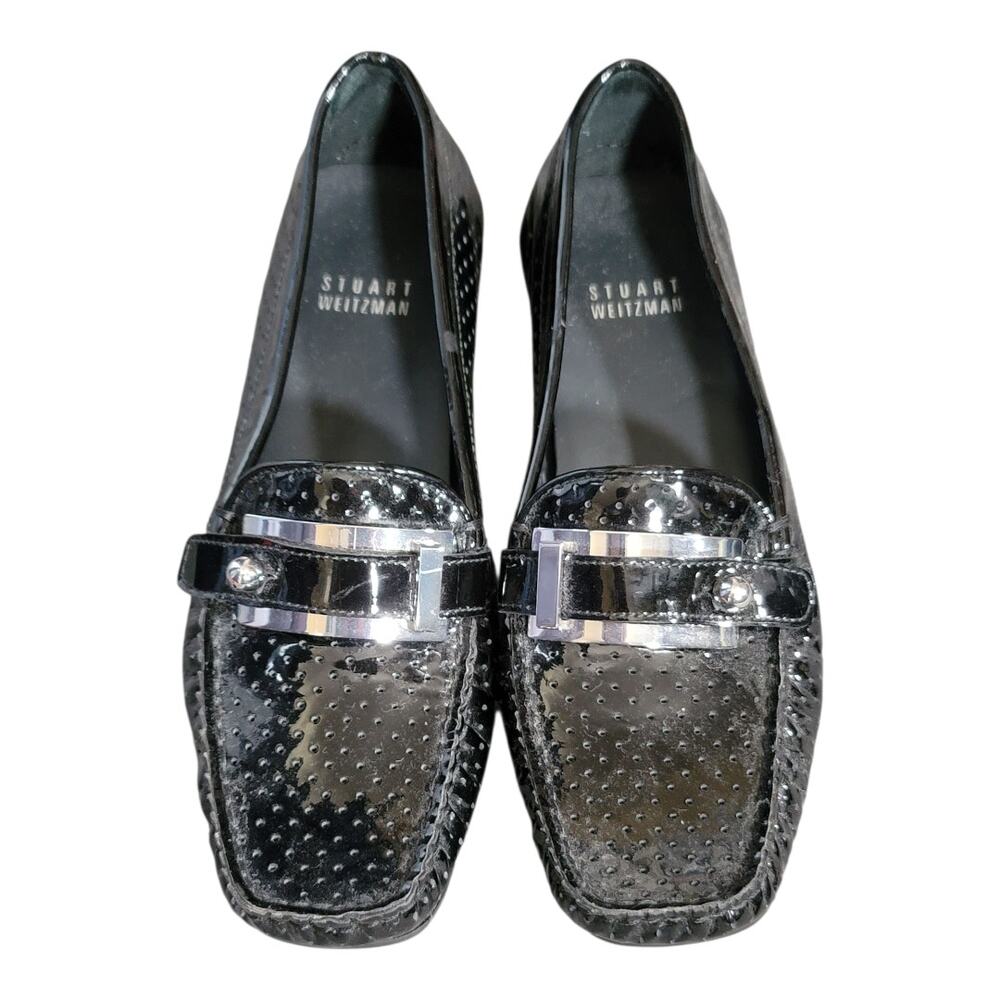 Stuart Weitzman Blk Patent Leather Laser Cut Sqr Toe‎ Embossed Flats Loafers